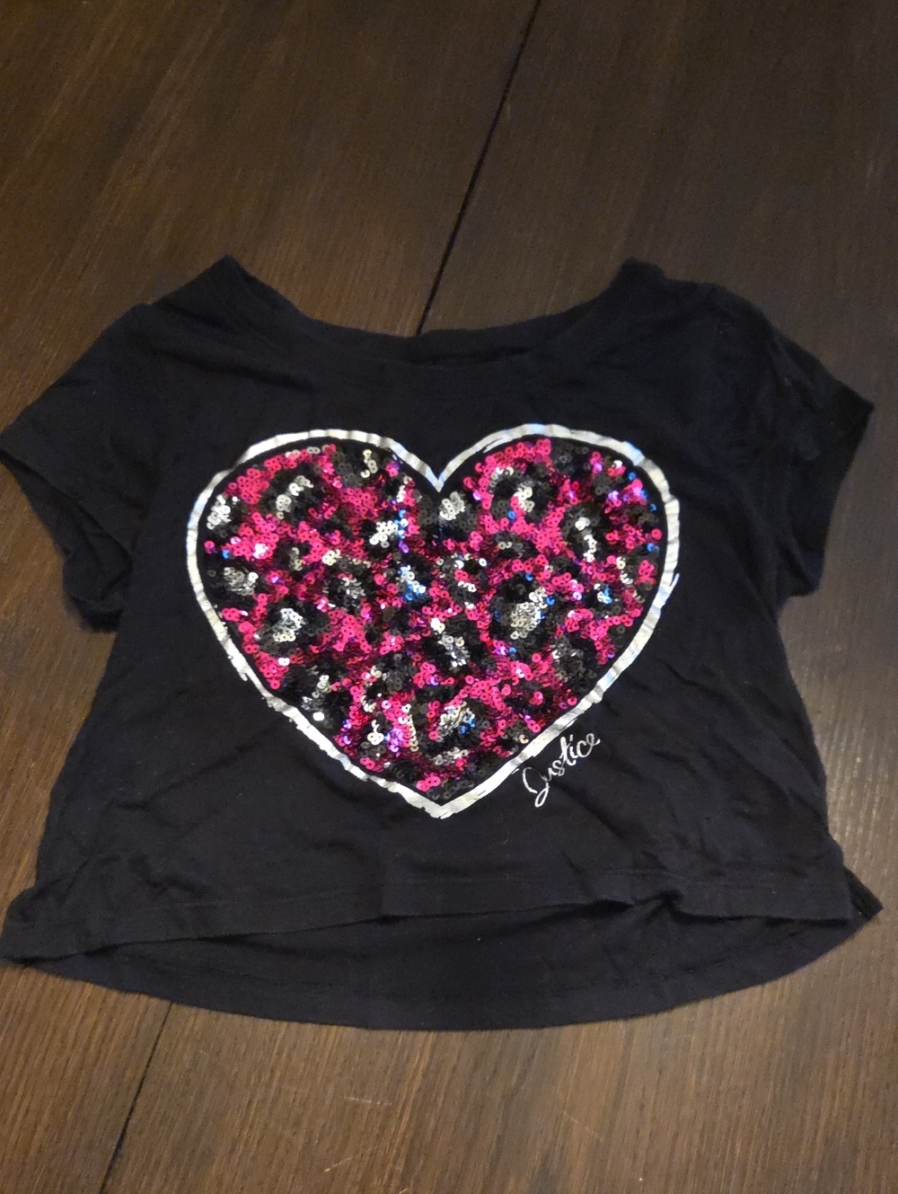Justice Black Short Sleeve Tee with Pink Sequin Heart